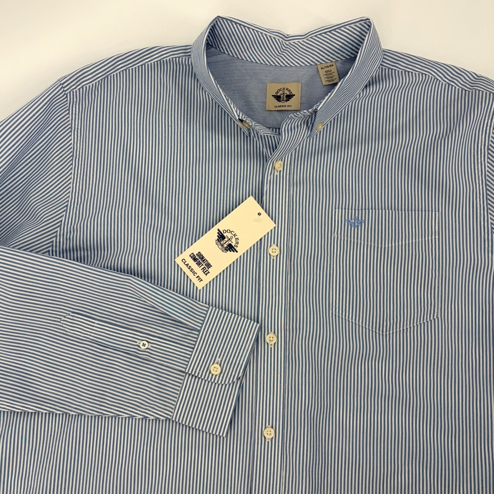 Dockers Dress Shirt Mens XL Blue White Stripe Signature Comfort Flex 2XL Fit - Picture 3 of 9